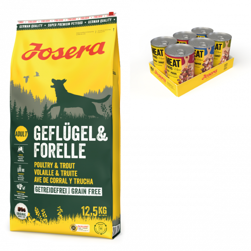 Josera Geflügel & Forelle 12,5 kg + 6x400g Multipack Meat Lovers Menu gratis