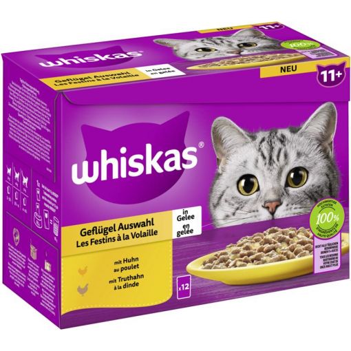 Whiskas Portionsbeutel Multipack 11+ Geflügel Auswahl in Gelee 12 x 85g (Menge: 4 je Bestelleinheit)