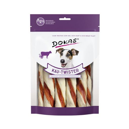 Dokas Dog Kau Twister Rinderhaut, Entenherz & Entenbrust 200 g (Menge: 9 je Bestelleinheit)