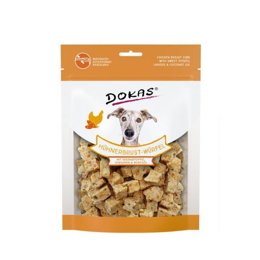 Dokas Dog Hühnerbrust-Würfel,Süsskartoffel, Leinsamen 150 g (Menge: 8 je Bestelleinheit)