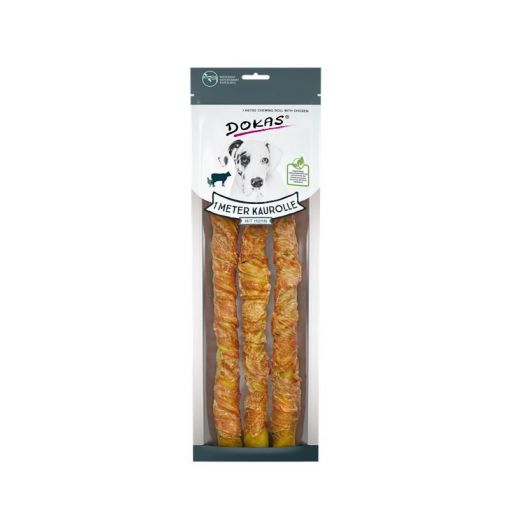 Dokas Dog 1 m Kaurolle aus Rinderhaut mit Huhn 315g (Menge: 8 je Bestelleinheit)